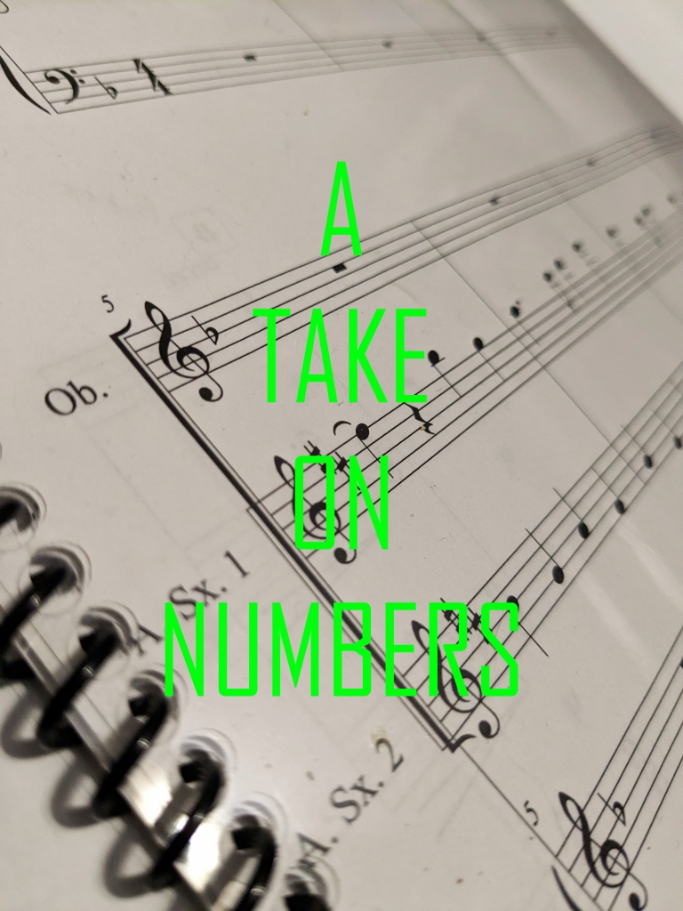 A photograph of sheet music. Click on the photograph to listen to the piece "A Take On Numbers".