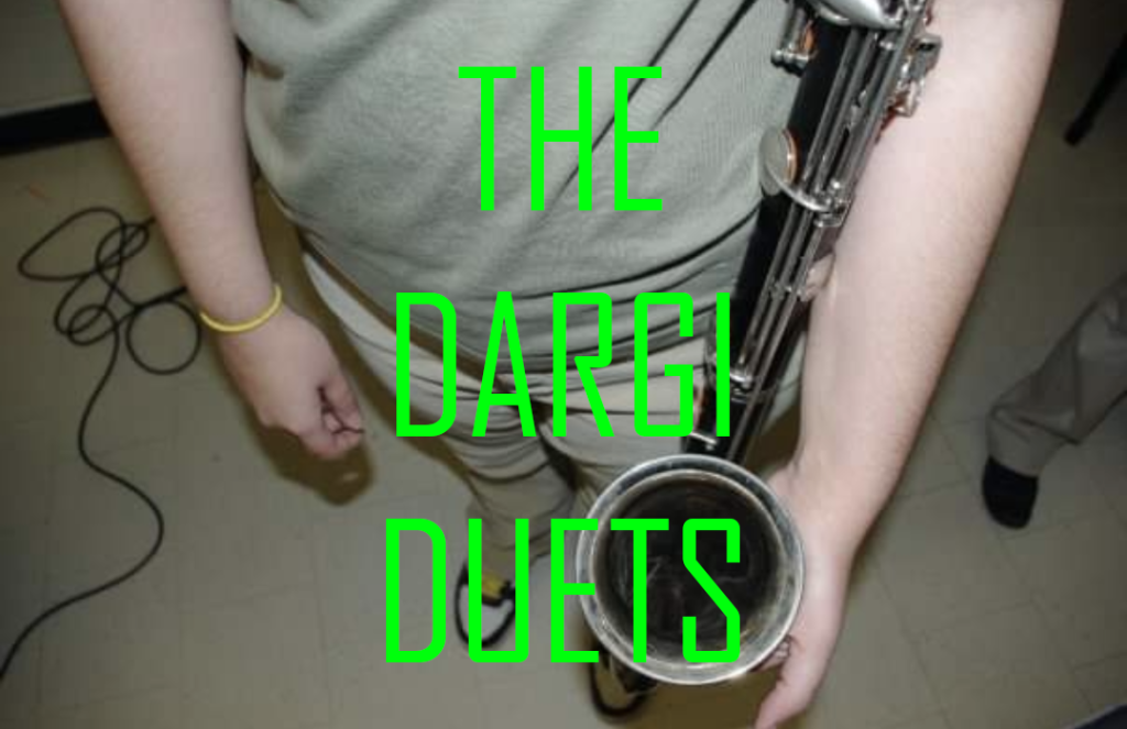 A woman holding a bass clarinet with text overlay that states "The Dargi Duets". Click the photo to listen to the piece. 