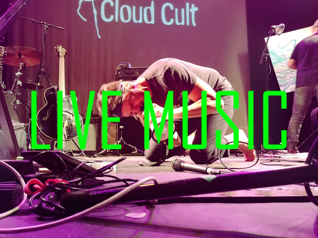 A photograph of a man on stage down on his knees yelling into a megaphone. The backdrop reads "Cloud Cult". The man is Craig Minowa. There is green text over the photograph that reads "LIVE MUSIC". 

Click through for MUSIC photographs