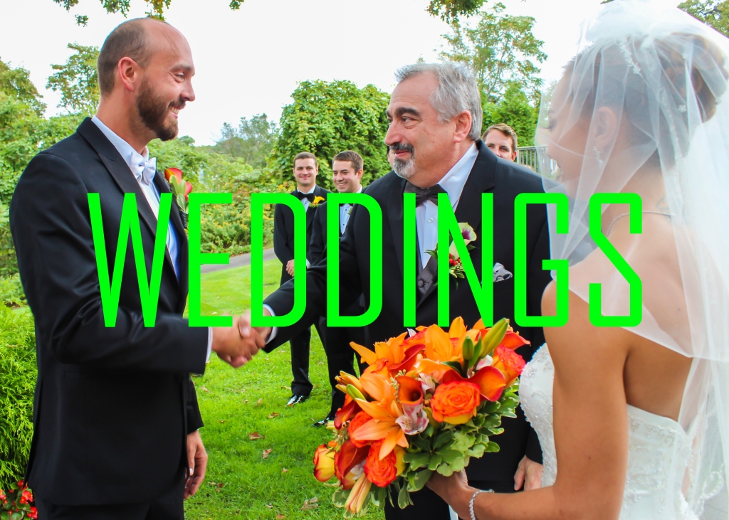 The father of the bride shakes her new husband's hand during the beginning of the ceremony. There is green text over the photograph that reads "WEDDINGS". 

Click through for WEDDING photographs